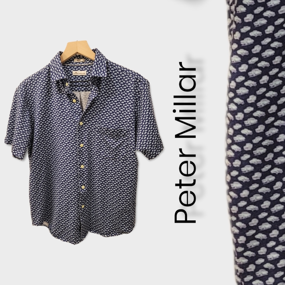 Peter Millar Navy Short-Sleeve Button-Down with White Cloud Print